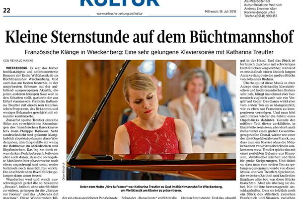 Weltklassik mit Katharina Treutler - Bericht aus der Celleschen Zeitung - 18.07.2018