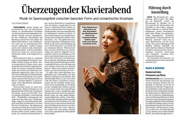 Weltklassik mit Sofja Gülbadamova - Bericht aus der Celleschen Zeitung - 23.10.2018