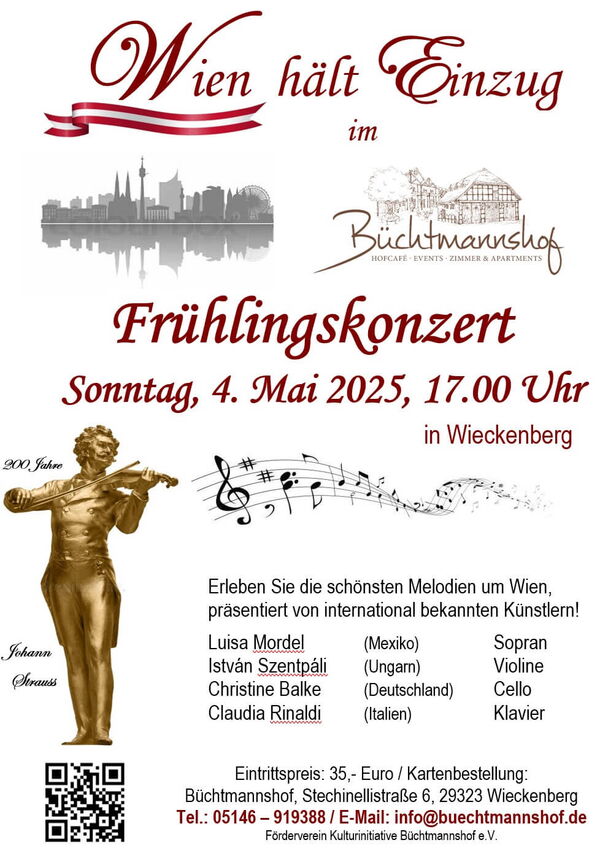 Flyer Wien hält Einzug im Büchtmannshof - Konzert am 04. Mai 2025, 17:00 Uhr mit István Szentpáli, Claudia Rinaldi, Christine Balke und Luisa Mordel