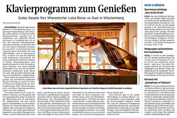 Weltklassik mit Luiza Borac - Bericht aus der Celleschen Zeitung - 20.06.2018